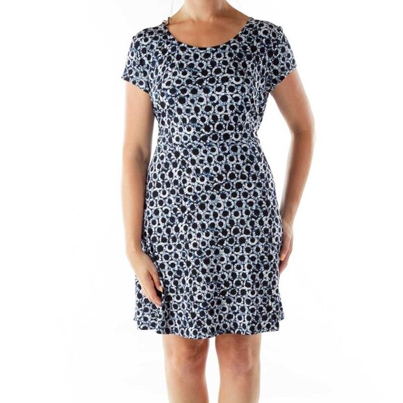 Michael Michael Kors Blue Circle Print A-Line Dress L | Cap Sleeve Gold Zip - Picture 1 of 13